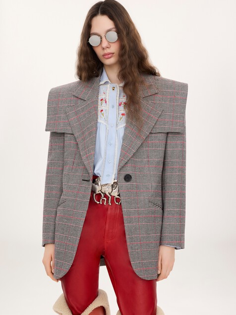 Veste blazer droite en laine prince-de-galles