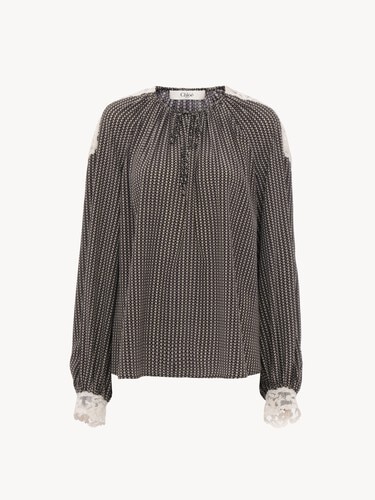 Open-neck top in cr&ecirc;pe de chine & lace - 1