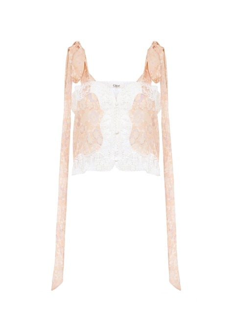 Tie-strap cropped top in silk charmeuse & lace