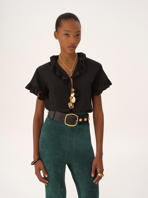 Short-sleeve ruffle top in cr&ecirc;pe de chine