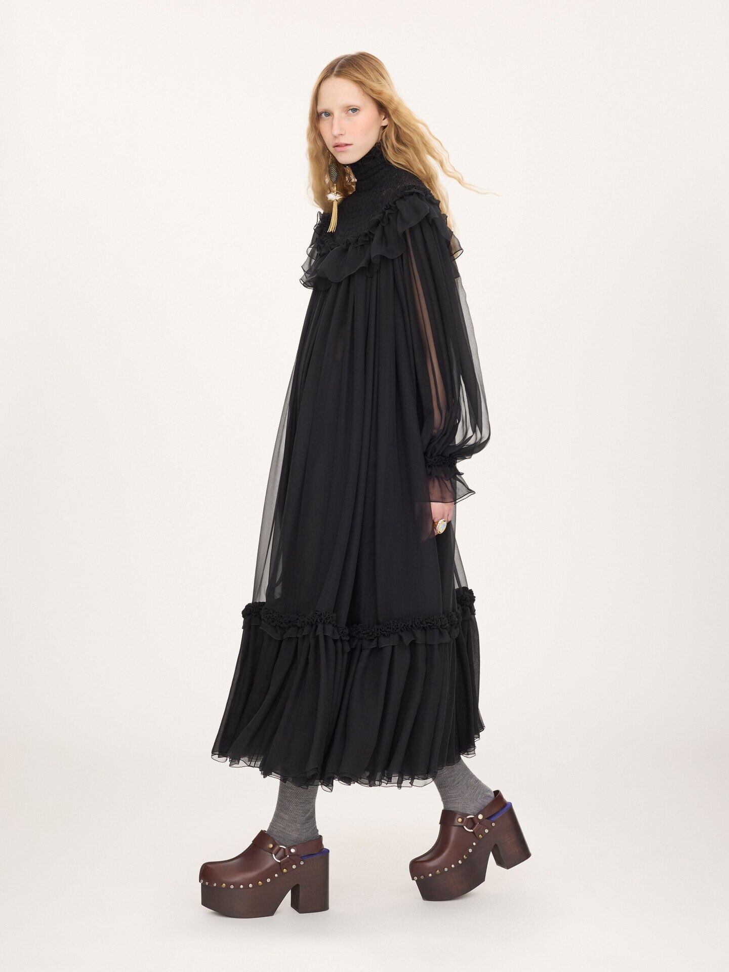 High-neck ruffled midi dress in silk mousseline - 6.0