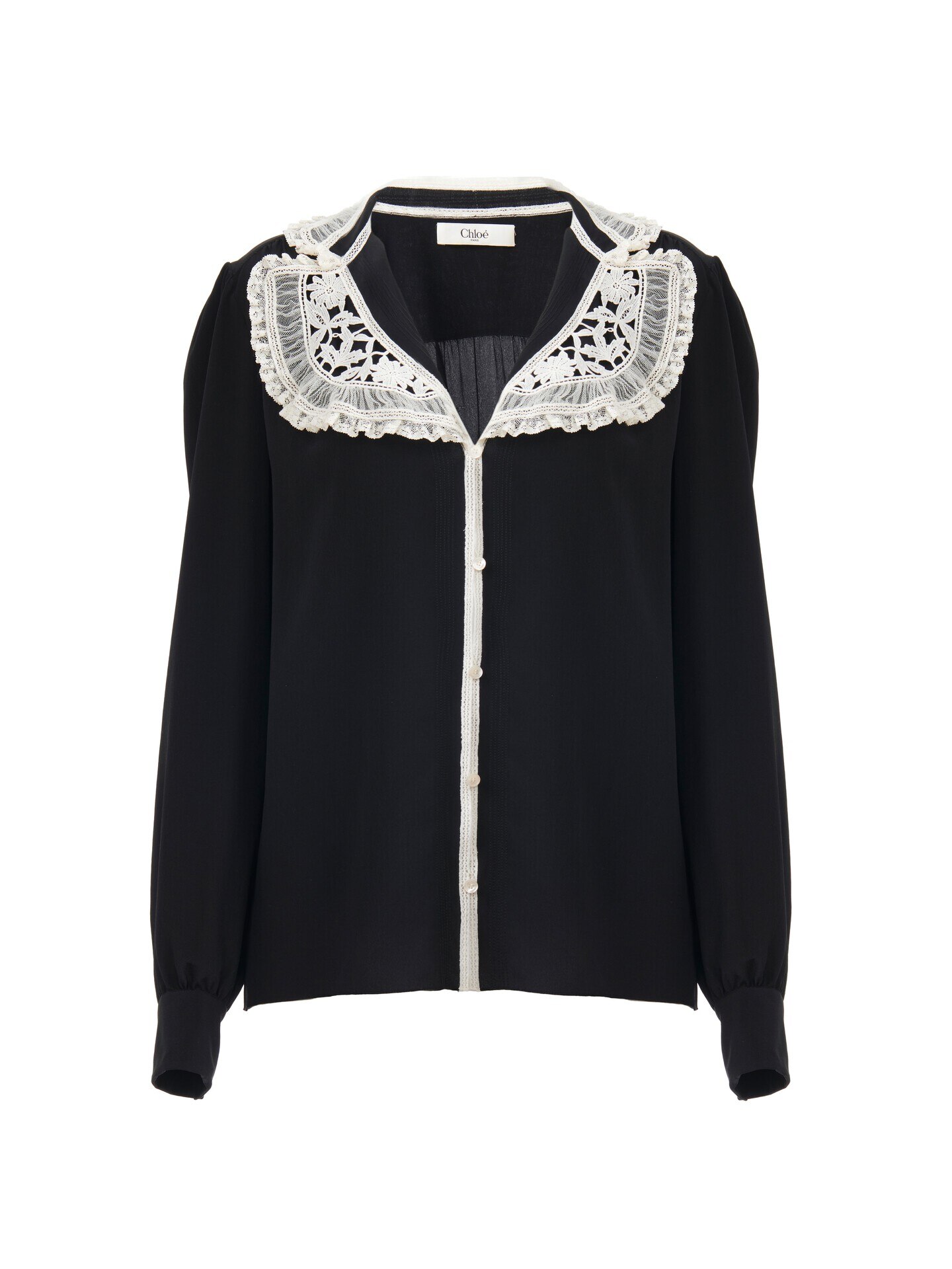 クレープデシン＆レース製フリルブラウス 黒 - Chloé