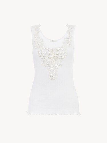 Fitted tank top in cotton jersey & guipure - 2
