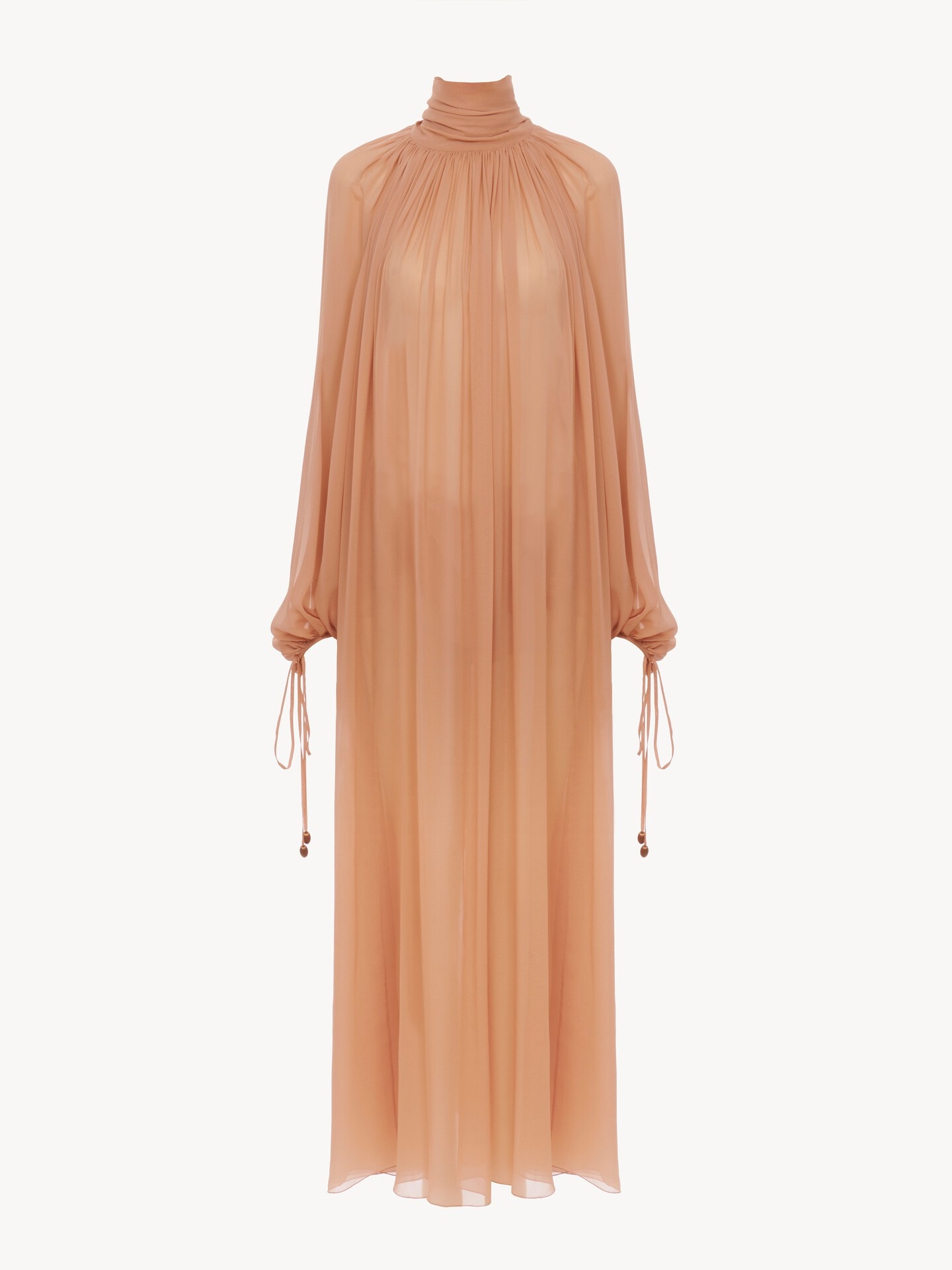 Gerafftes langes Kleid aus Seidengeorgette mit Stehkragen - 2