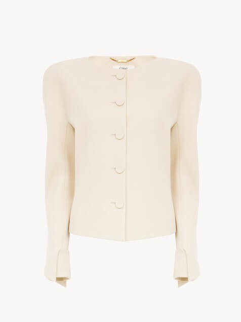 Chaqueta ajustada sin cuello de lana grain de poudre