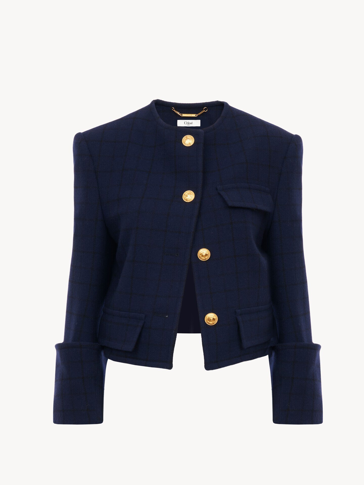 Boxy collarless jacket in wool check - 2