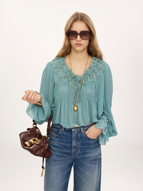 Scoop-neck cropped top in silk georgette & lace