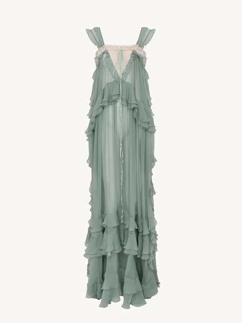 Robe longue sans manches &agrave; superpositions en mousseline de soie et dentelle
