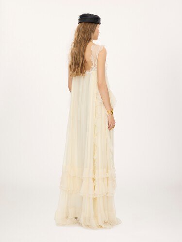 Sleeveless layered long dress in silk mousseline & lace - 6