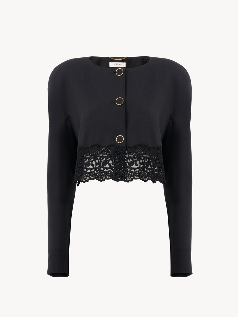 Collarless cropped jacket in wool grain de poudre & lace by Chloé