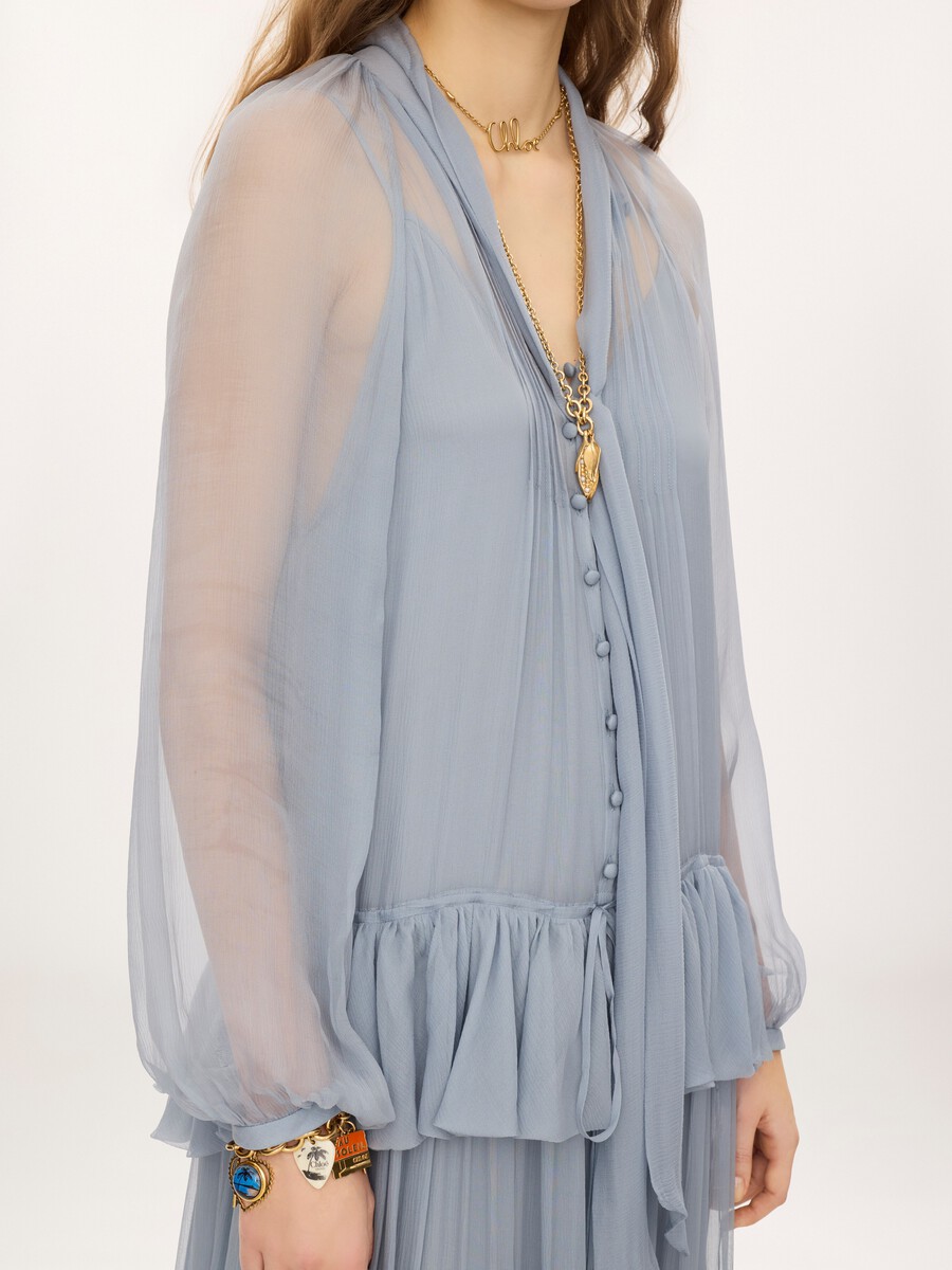 Fluid long dress in silk mousseline with lavalli&egrave;re tie - 6