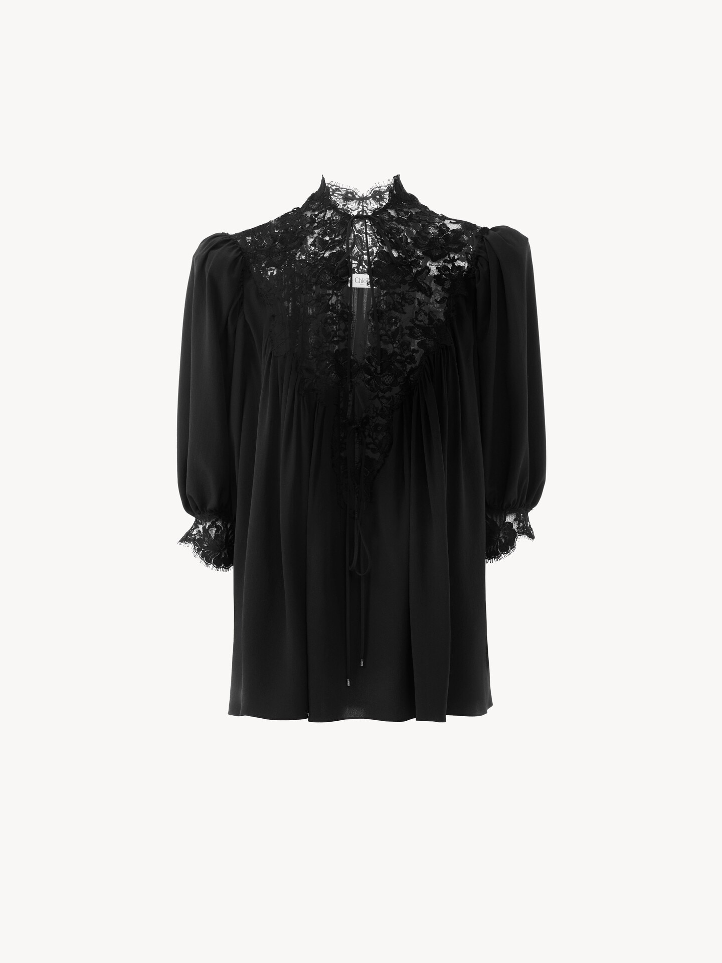 Fluid puff-sleeve top in cr&ecirc;pe de chine & lace - 1