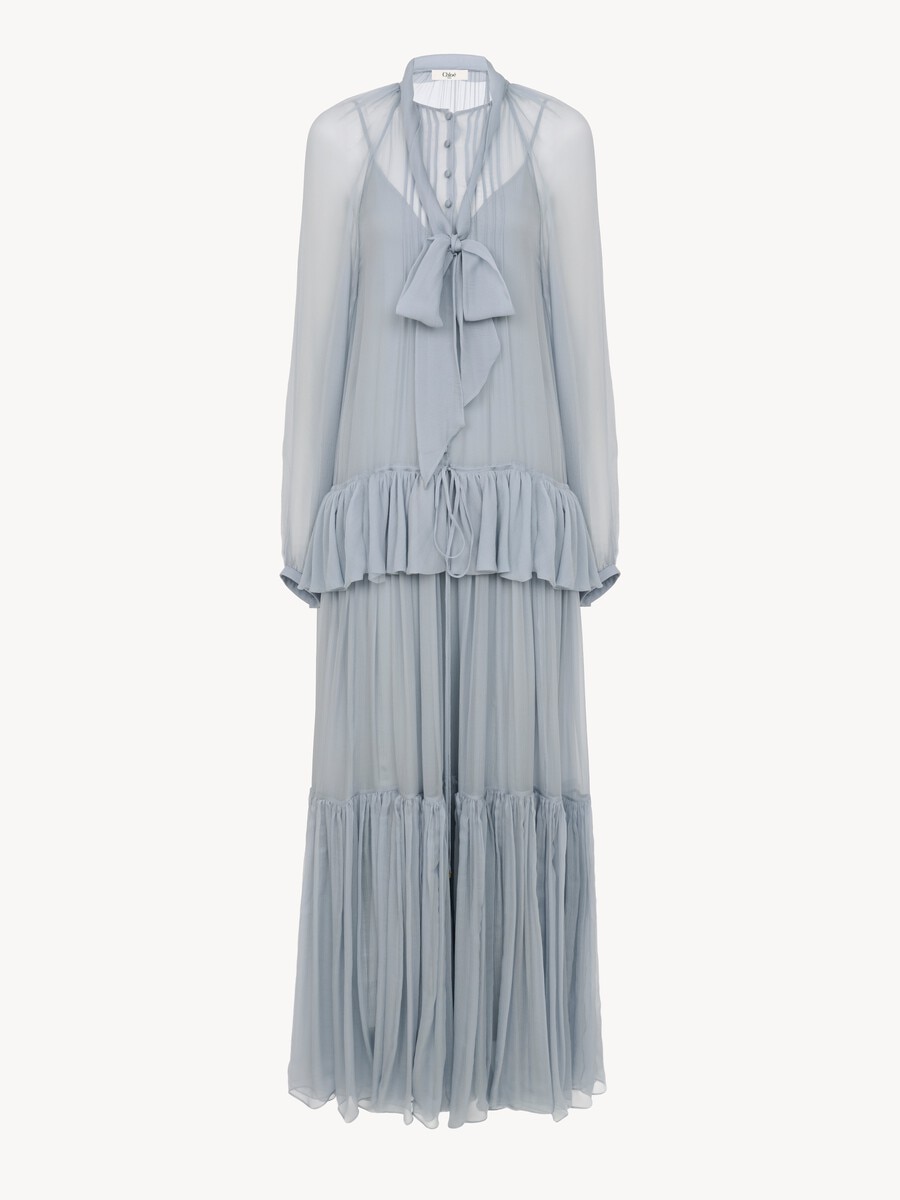 Fluid long dress in silk mousseline with lavalli&egrave;re tie - 2