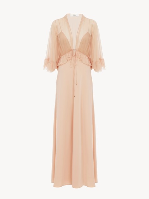 V-neck long dress in cr&ecirc;pe satin