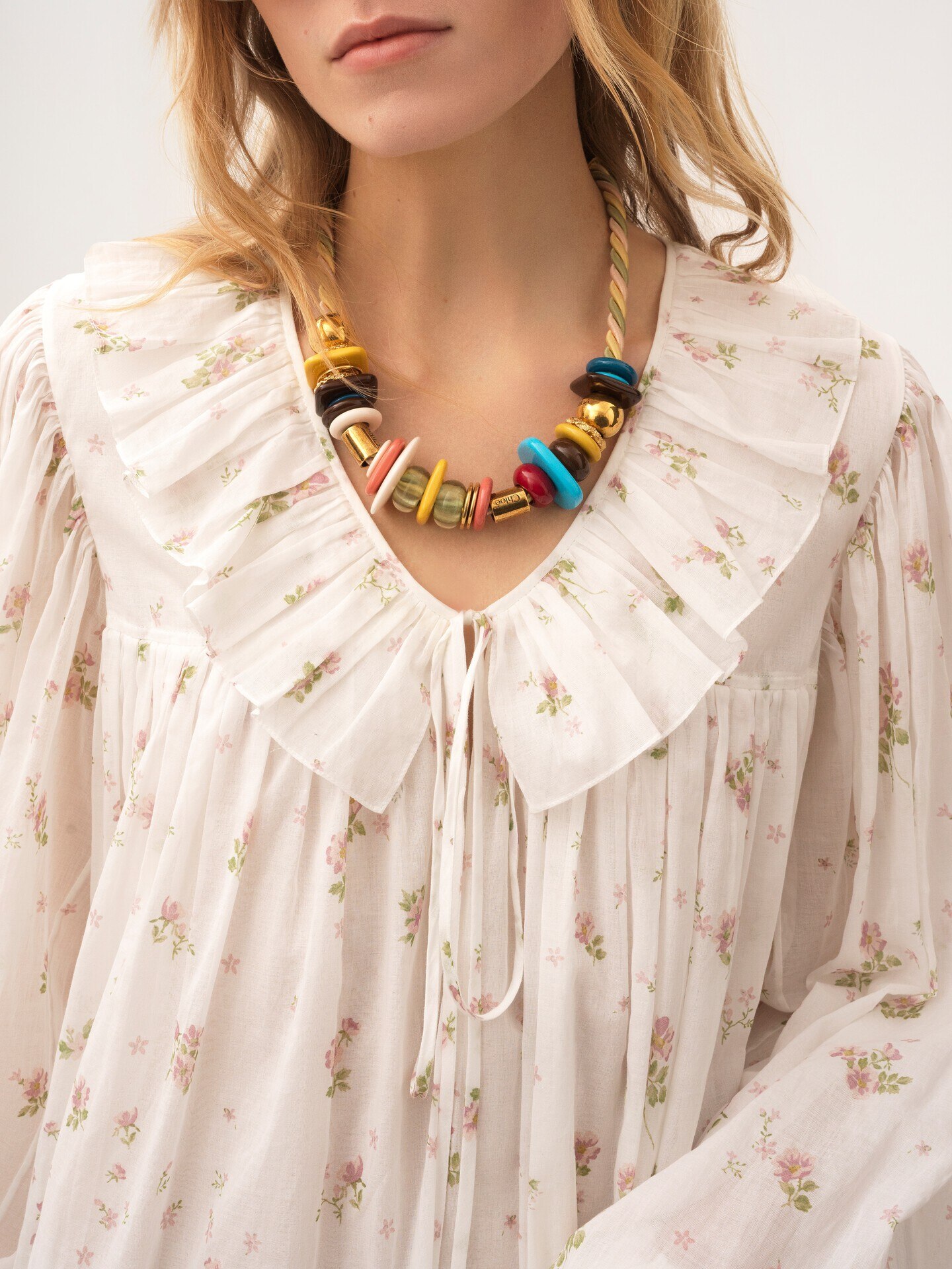 Gathered long-sleeve mini dress in cotton voile - 7