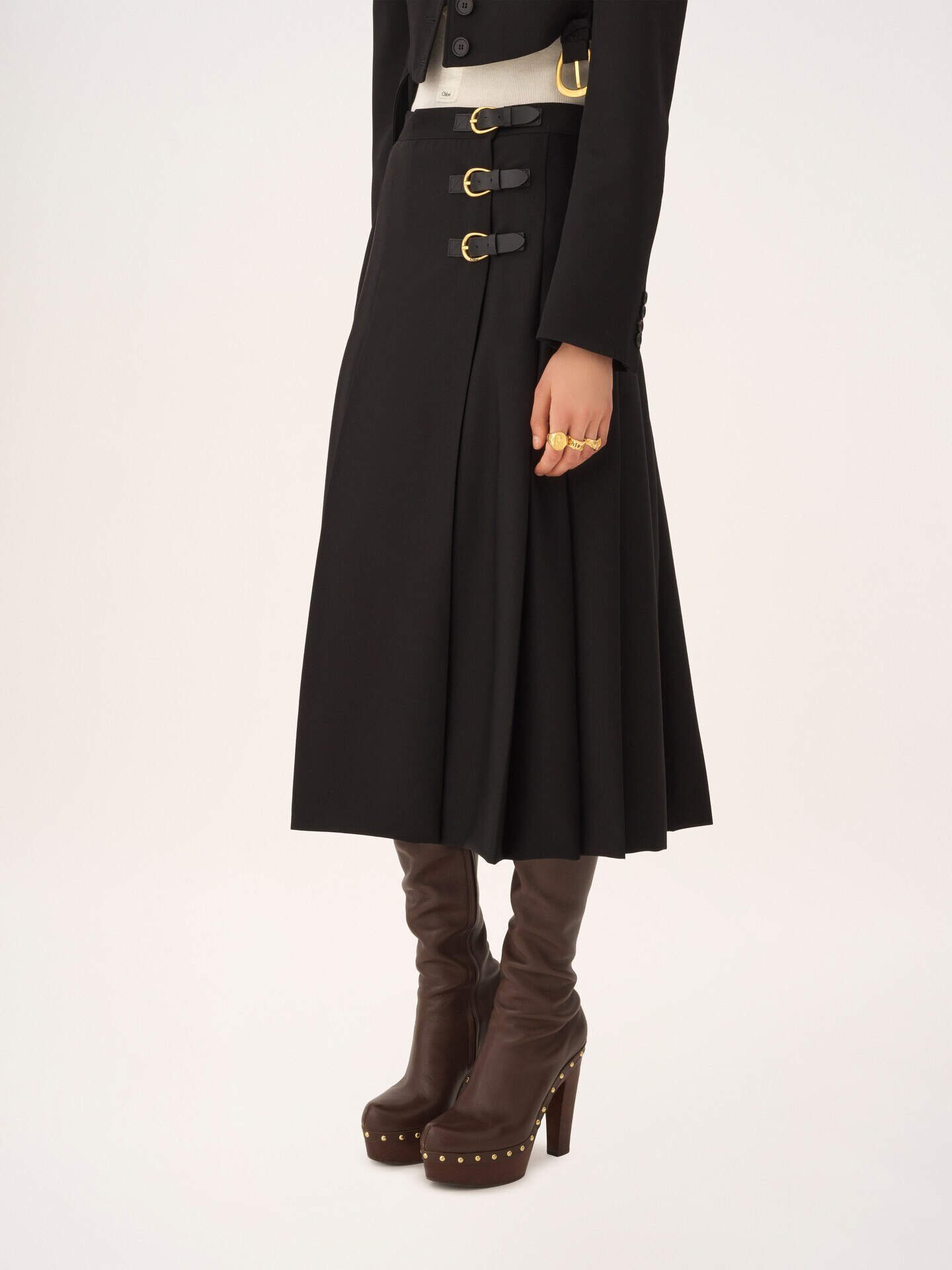 Pleated midi skirt in wool grain de poudre - 5