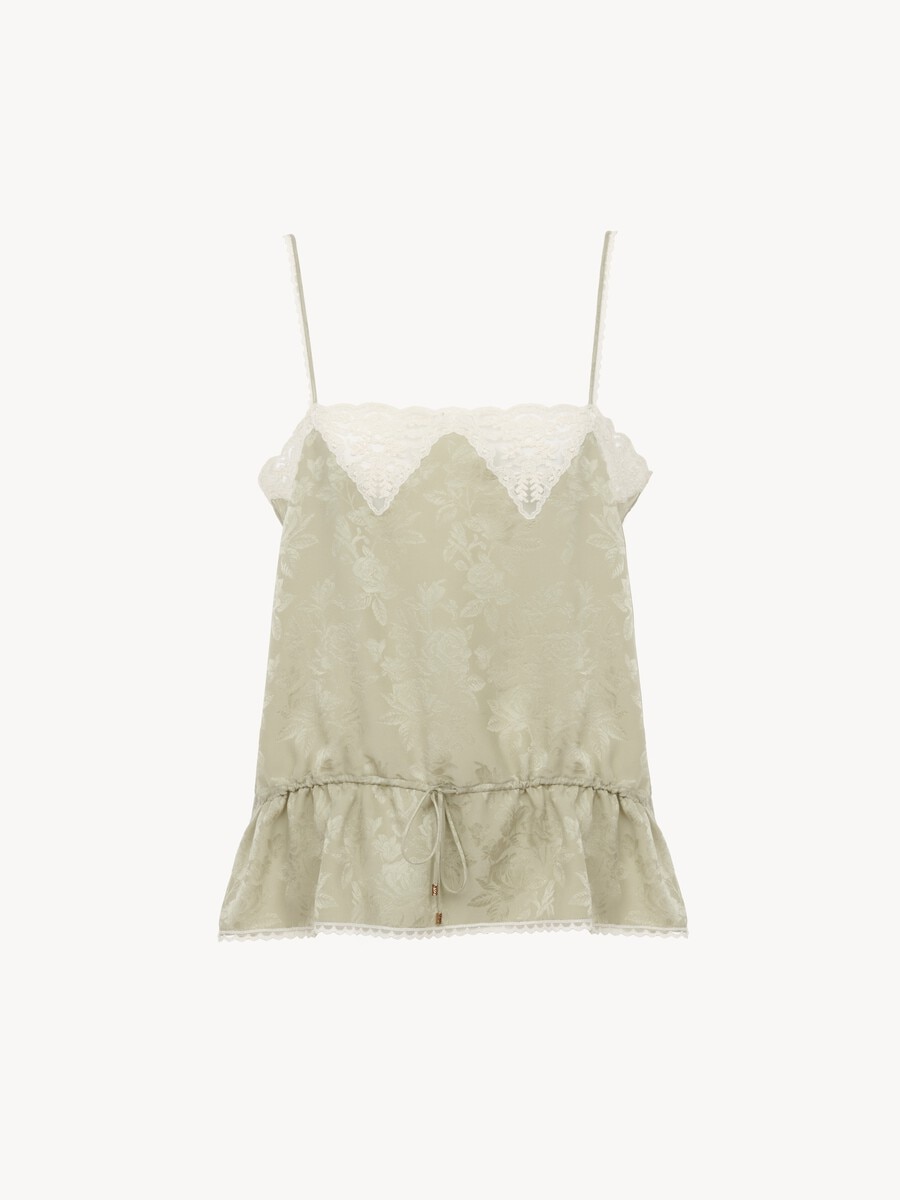 Drawstring camisole top in silk jacquard & lace - 1