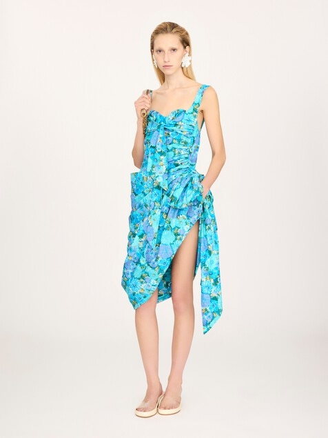 Wrapped bustier midi dress in cotton poplin