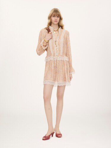 Puff-sleeve mini dress in silk charmeuse & lace - 3