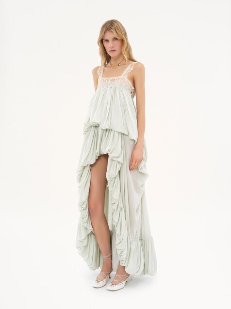 Vestido de volantes irregular de seda habotai y encaje