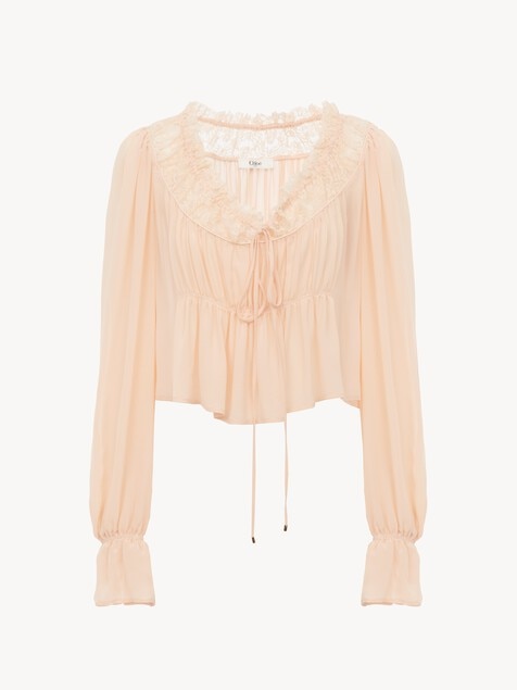 Cropped-Top mit Rundhalsausschnitt aus Seidengeorgette und Spitze