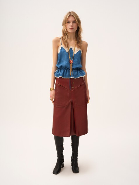 Drawstring camisole top in silk jacquard & lace