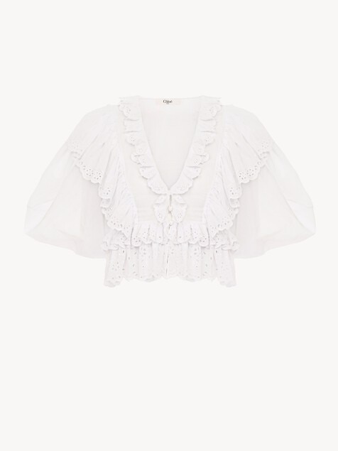 Cropped V-neck ruffle top in cotton voile