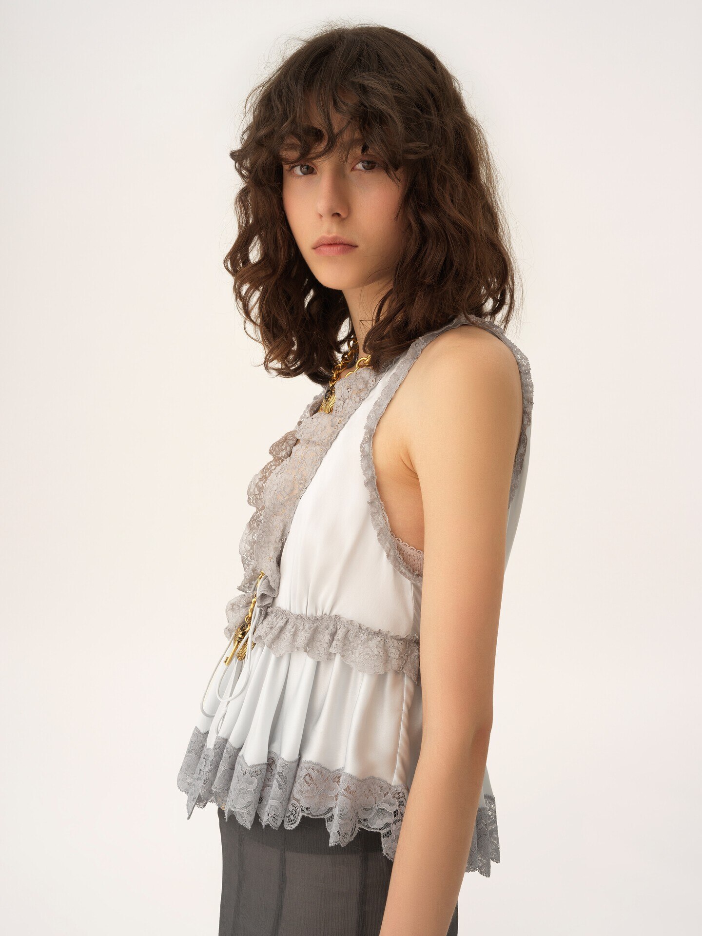 Tie-front sleeveless top in washed silk satin & lace - 7