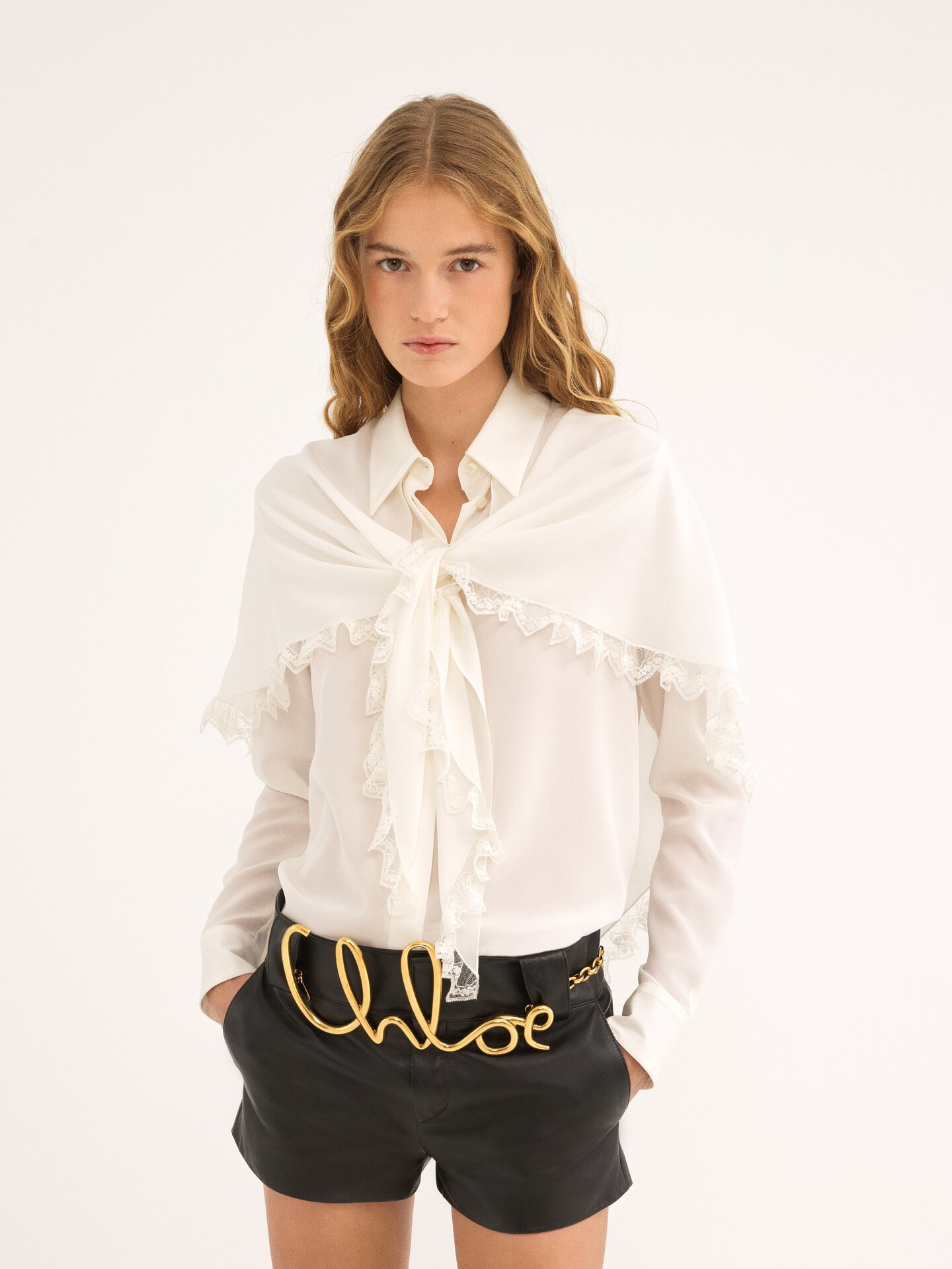 Knotted heritage cape blouse in silk - 4