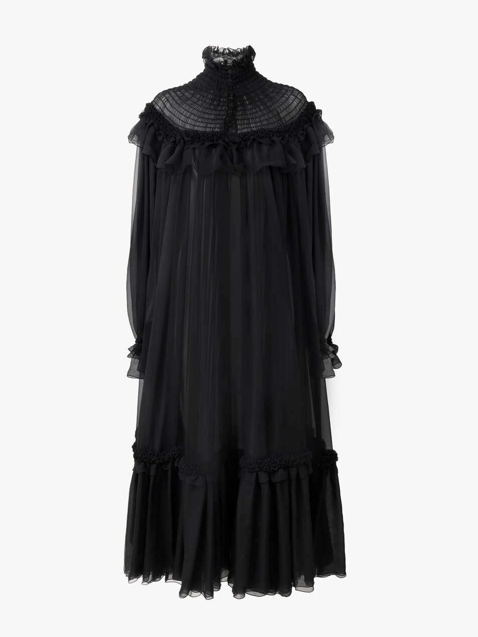 High-neck ruffled midi dress in silk mousseline