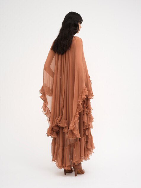 Mock-neck ruffle dress in silk mousseline