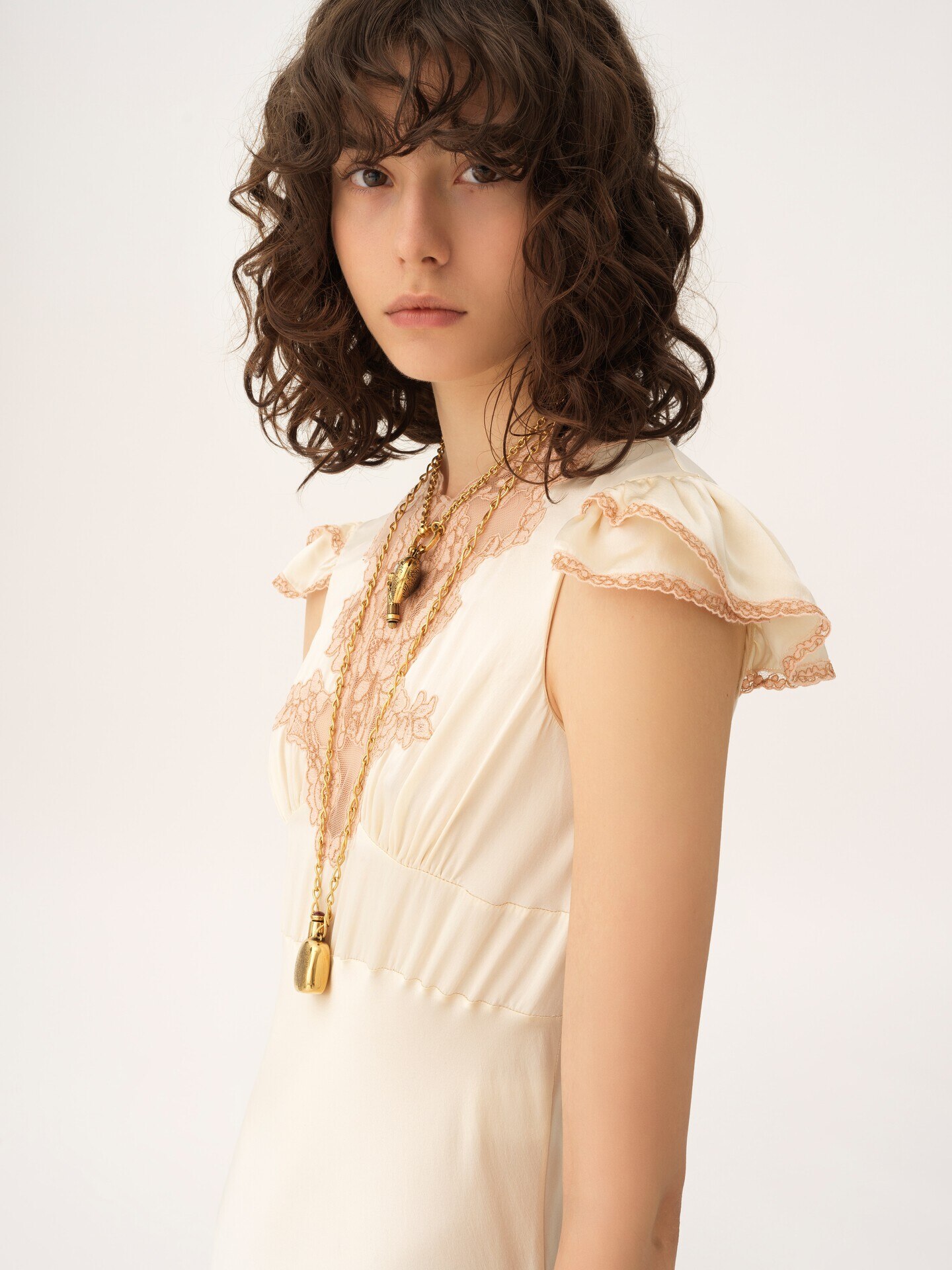 Cap-sleeve column dress in washed silk satin & lace - 5