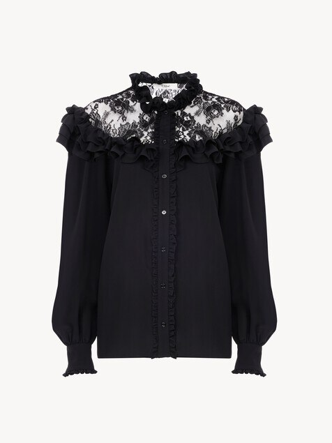 High-neck ruffled blouse in cr&ecirc;pe de chine & lace