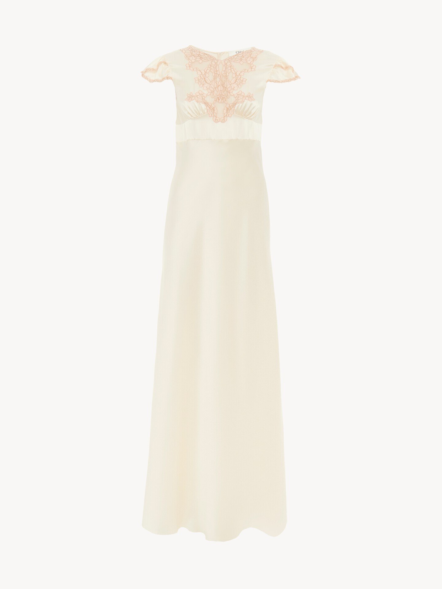 Cap-sleeve column dress in washed silk satin & lace - 2