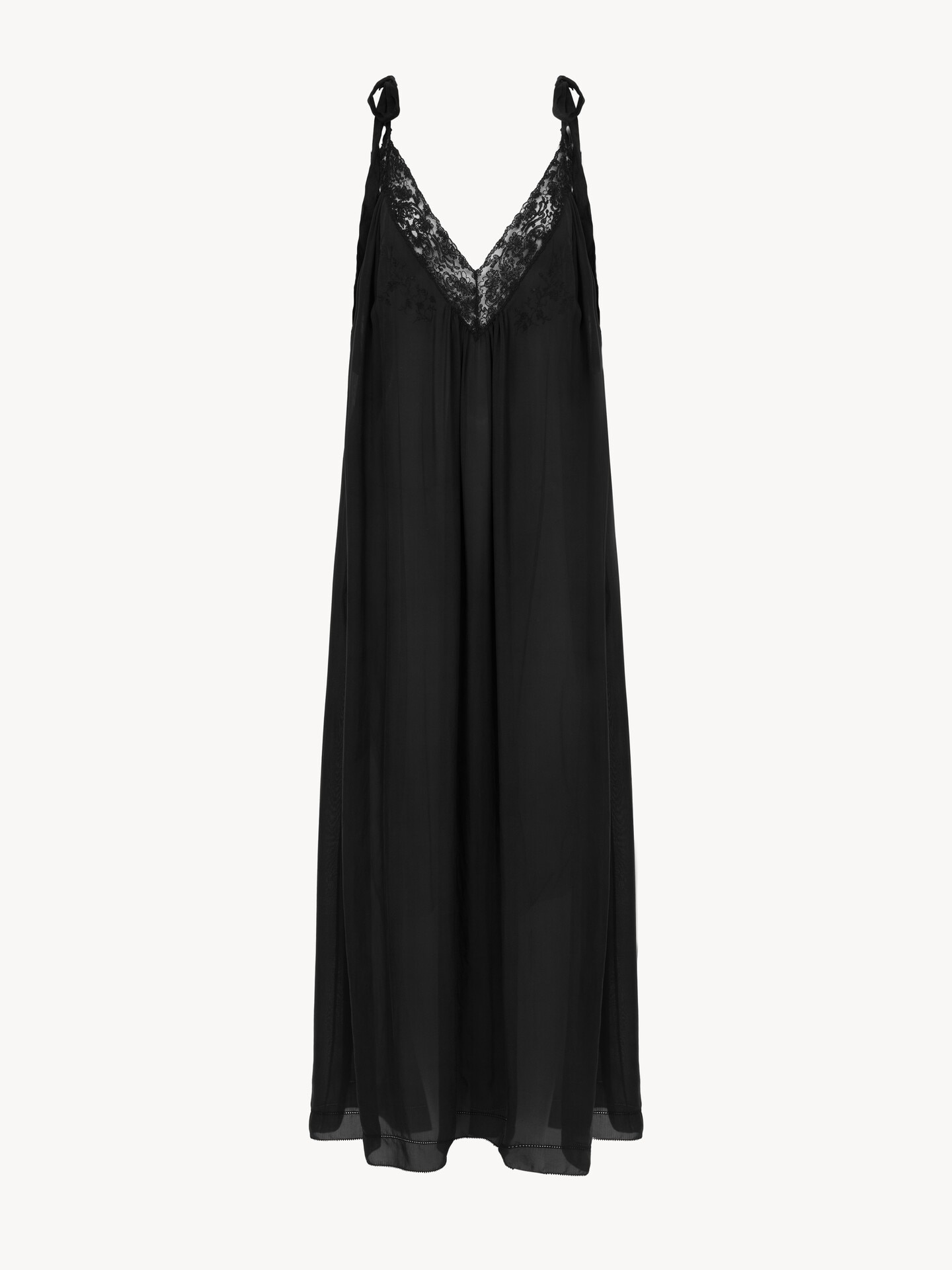 Robe longue &agrave; fines bretelles en charmeuse de soie et dentelle - 1