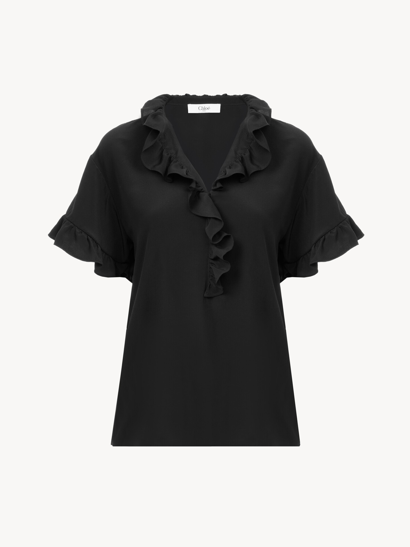 Short-sleeve ruffled top in cr&ecirc;pe de chine - 2