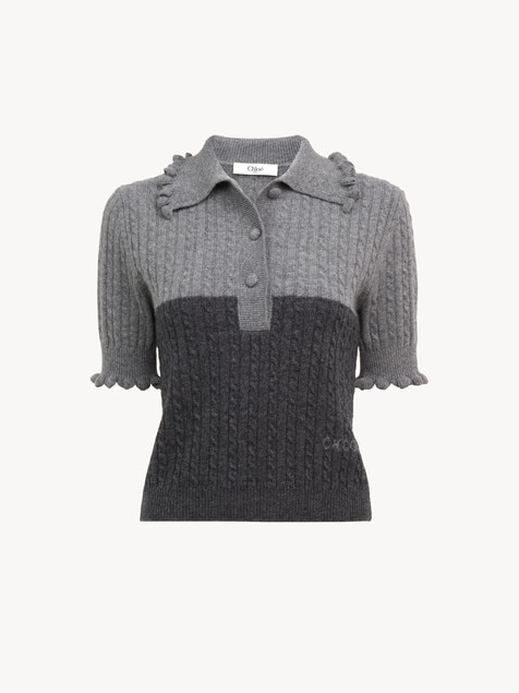 Maglia stile polo a maniche corte in maglia di lana e cashmere