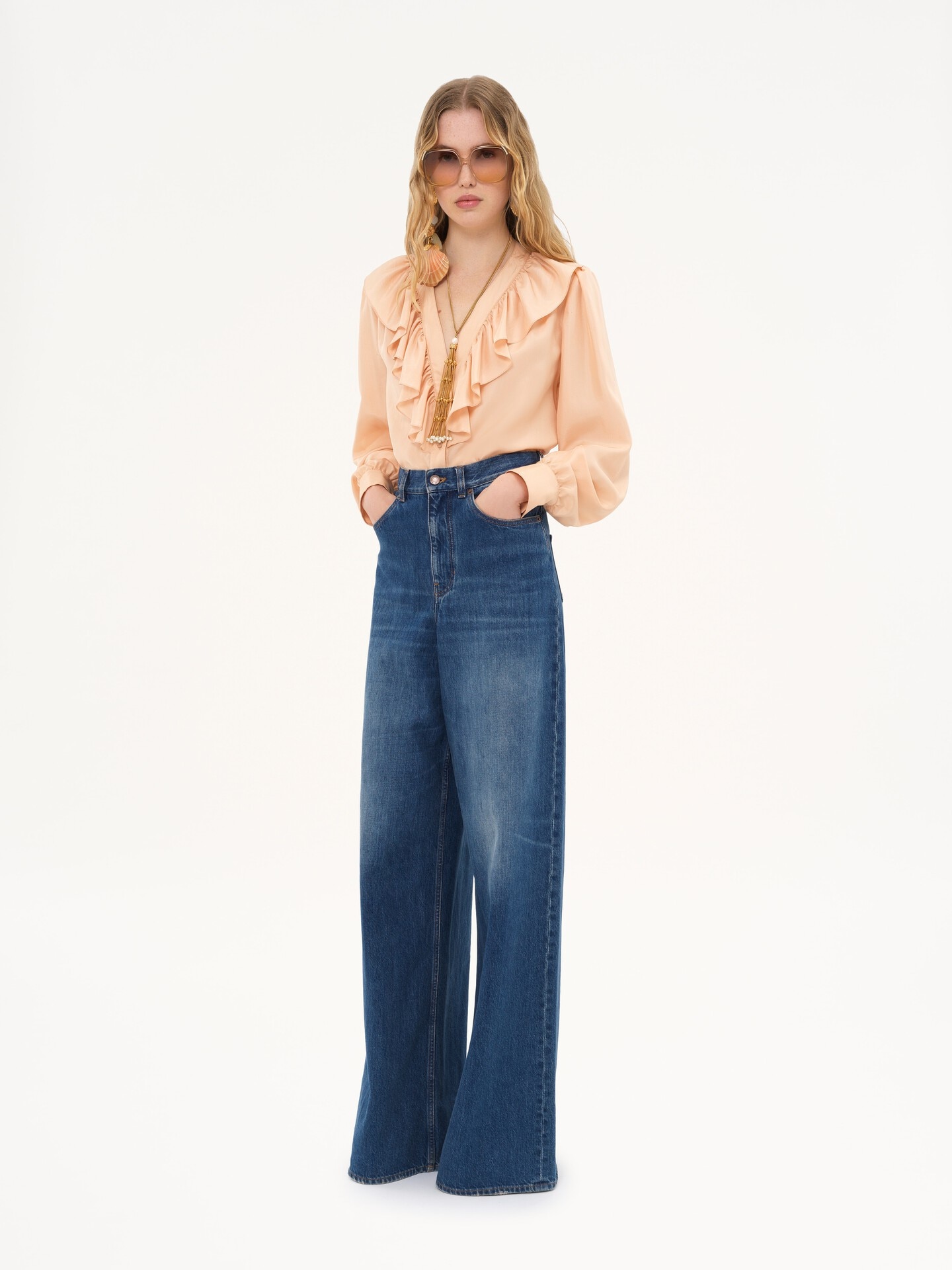 V-neck ruffled blouse in silk habotai - 3