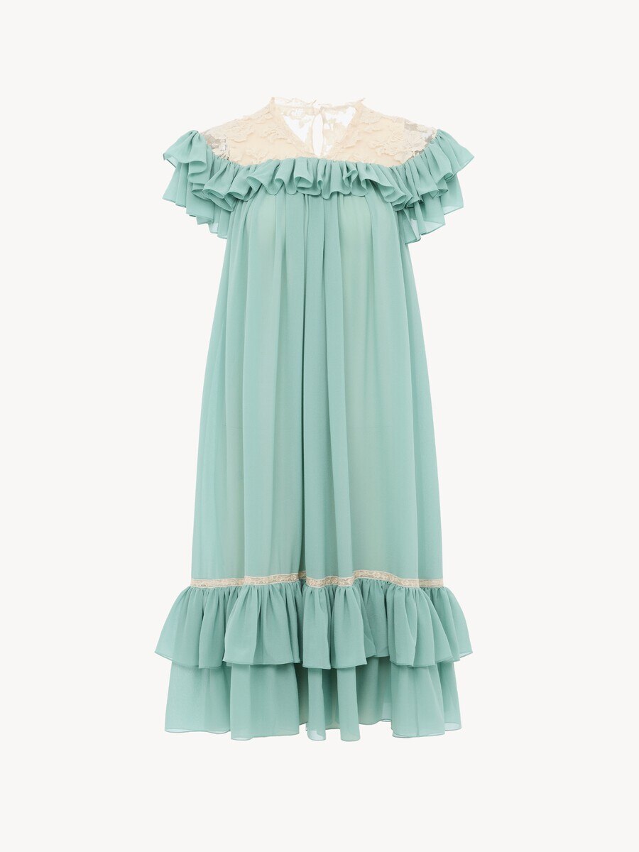 Short-sleeve mini dress in silk georgette & lace - 2