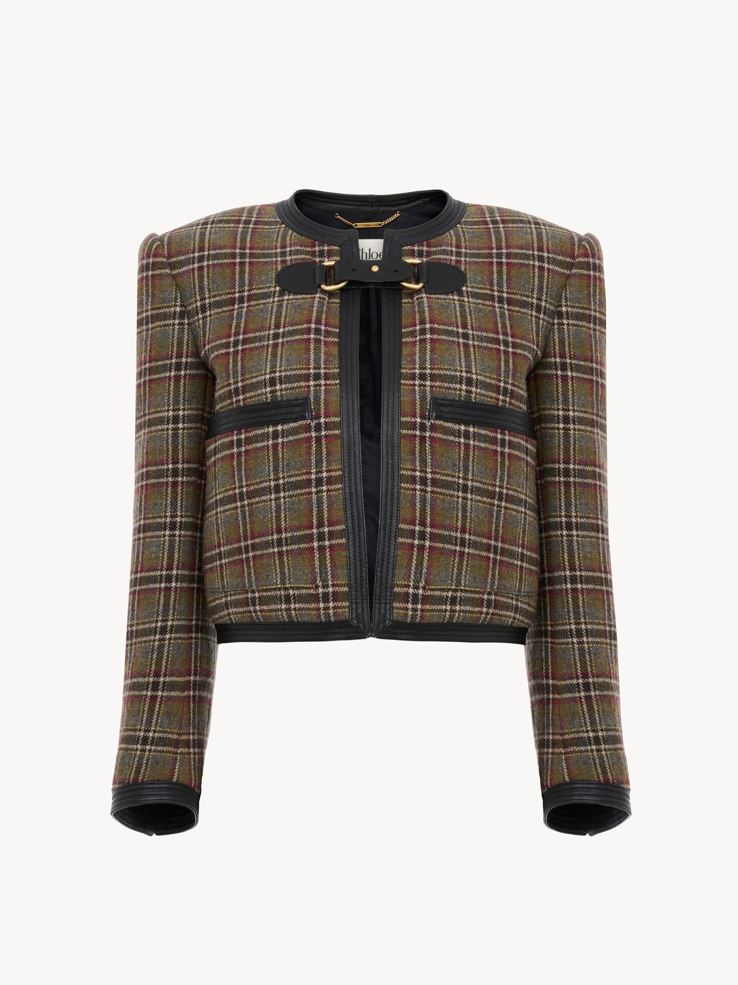 Collarless cropped boxy jacket in check wool - 2.0