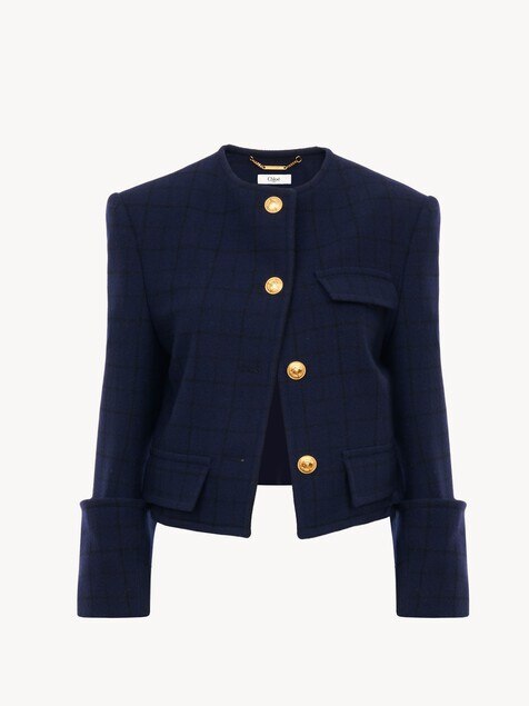 Boxy collarless jacket in wool check