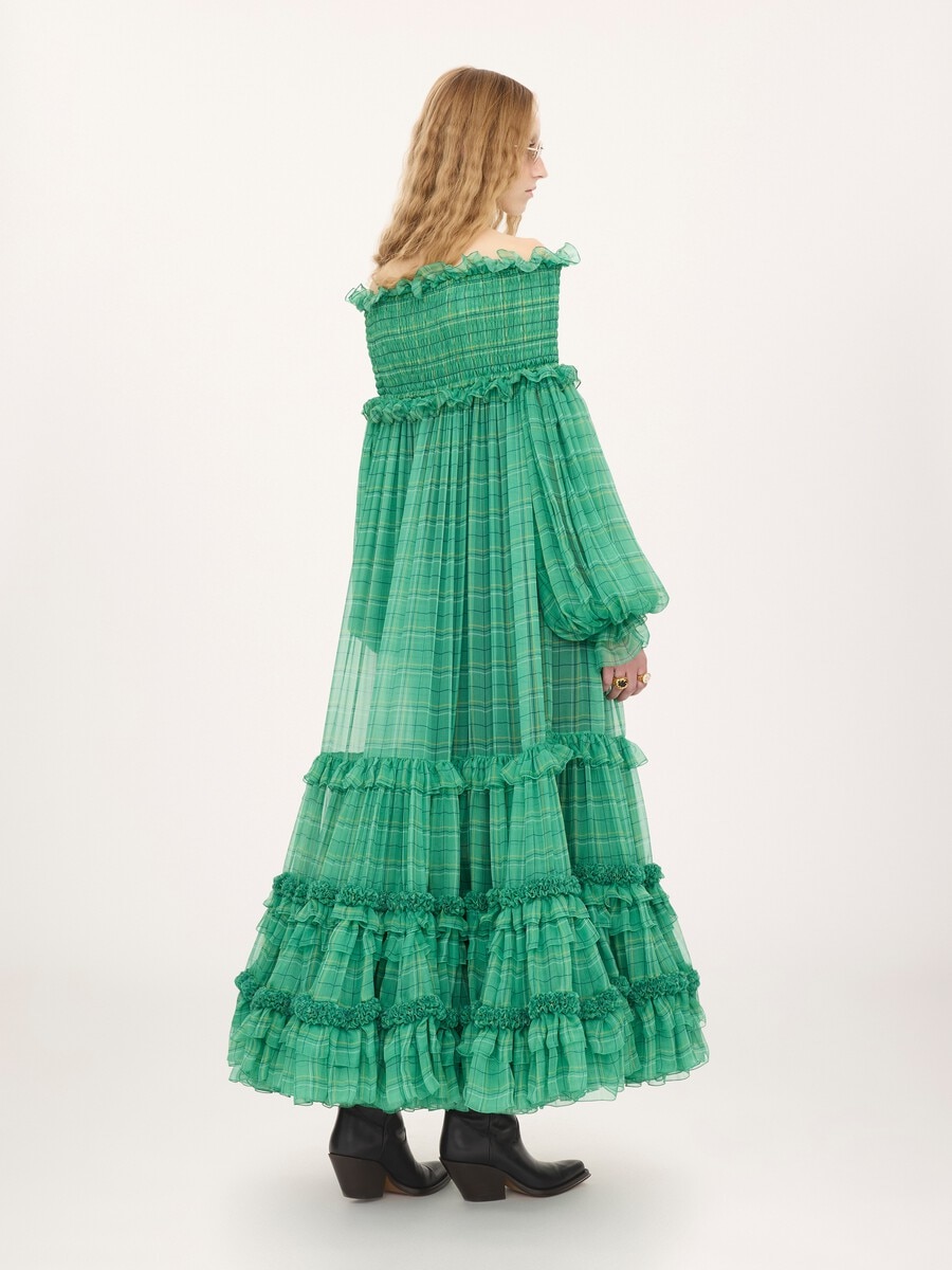 Off-the-shoulder long dress in check silk mousseline - 5