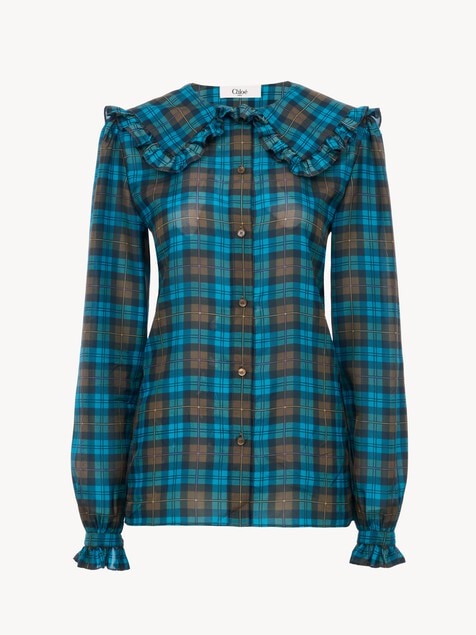 Blusa lavalli&egrave;re con volant in seta Habotai a quadri