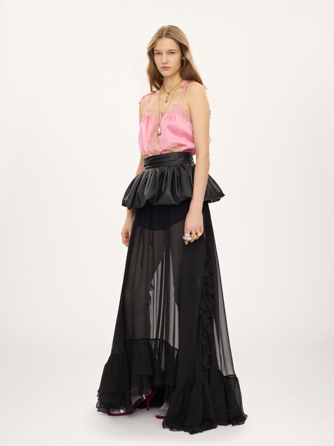Top caraco &agrave; coulisse en satin de soie lav&eacute; et dentelle