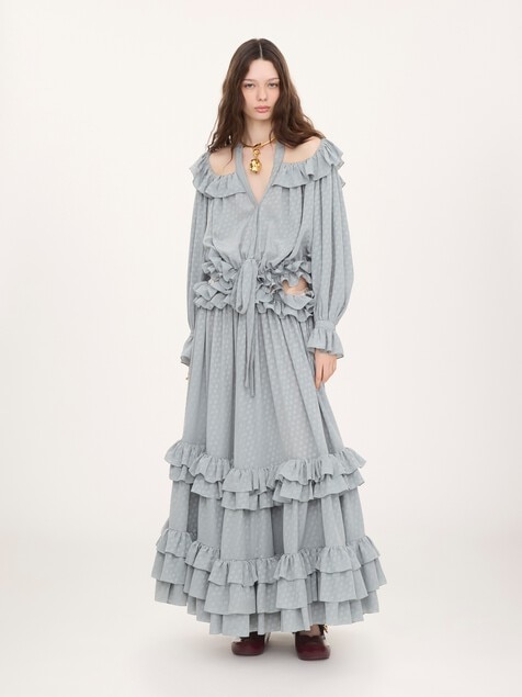 Long cut-out ruffled dress in silk jacquard