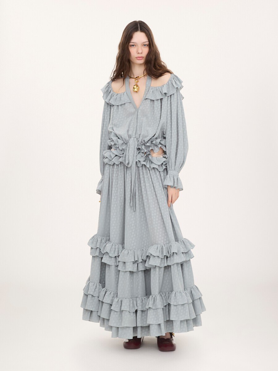 Long cut-out ruffled dress in silk jacquard - 3