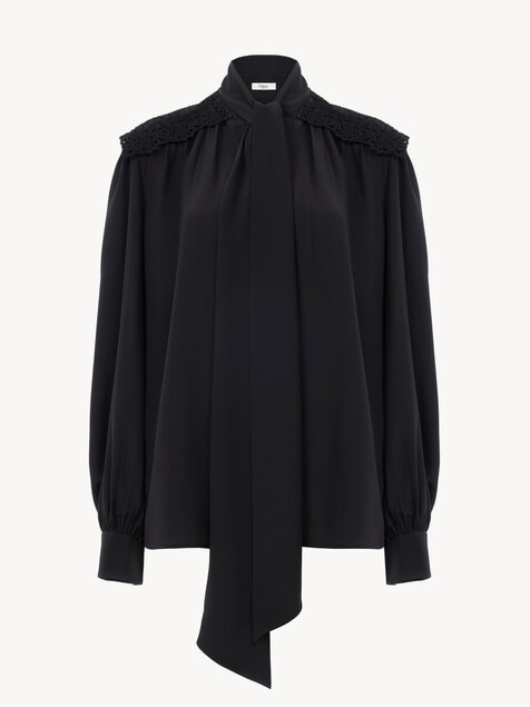 Gathered scarf-tie blouse in cr&ecirc;pe de chine & lace