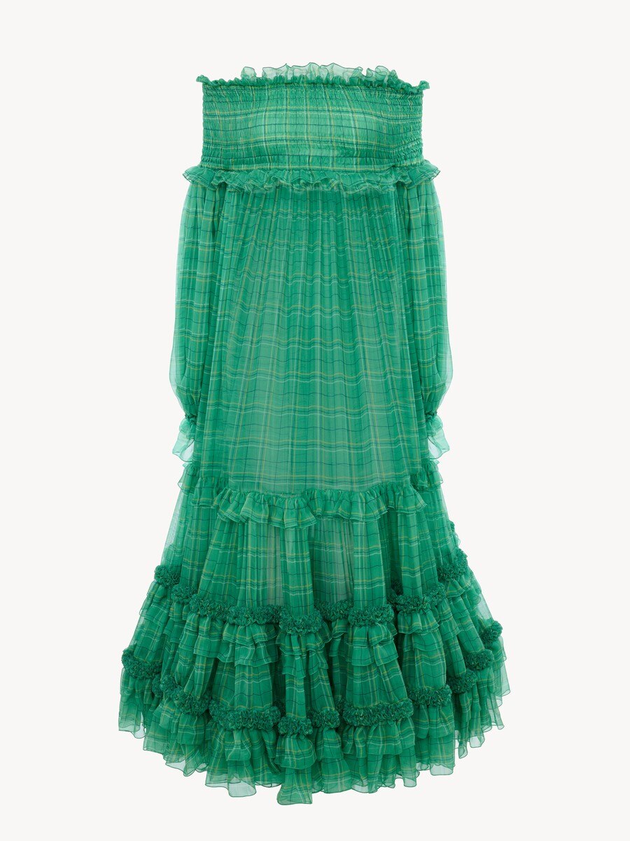 Off-the-shoulder long dress in check silk mousseline - 2