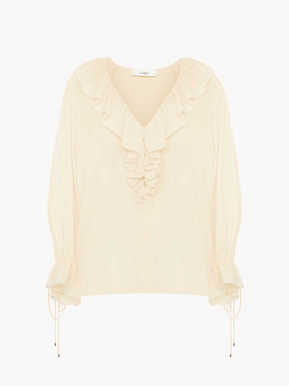 V-neck ruffle top in cr&ecirc;pe de chine