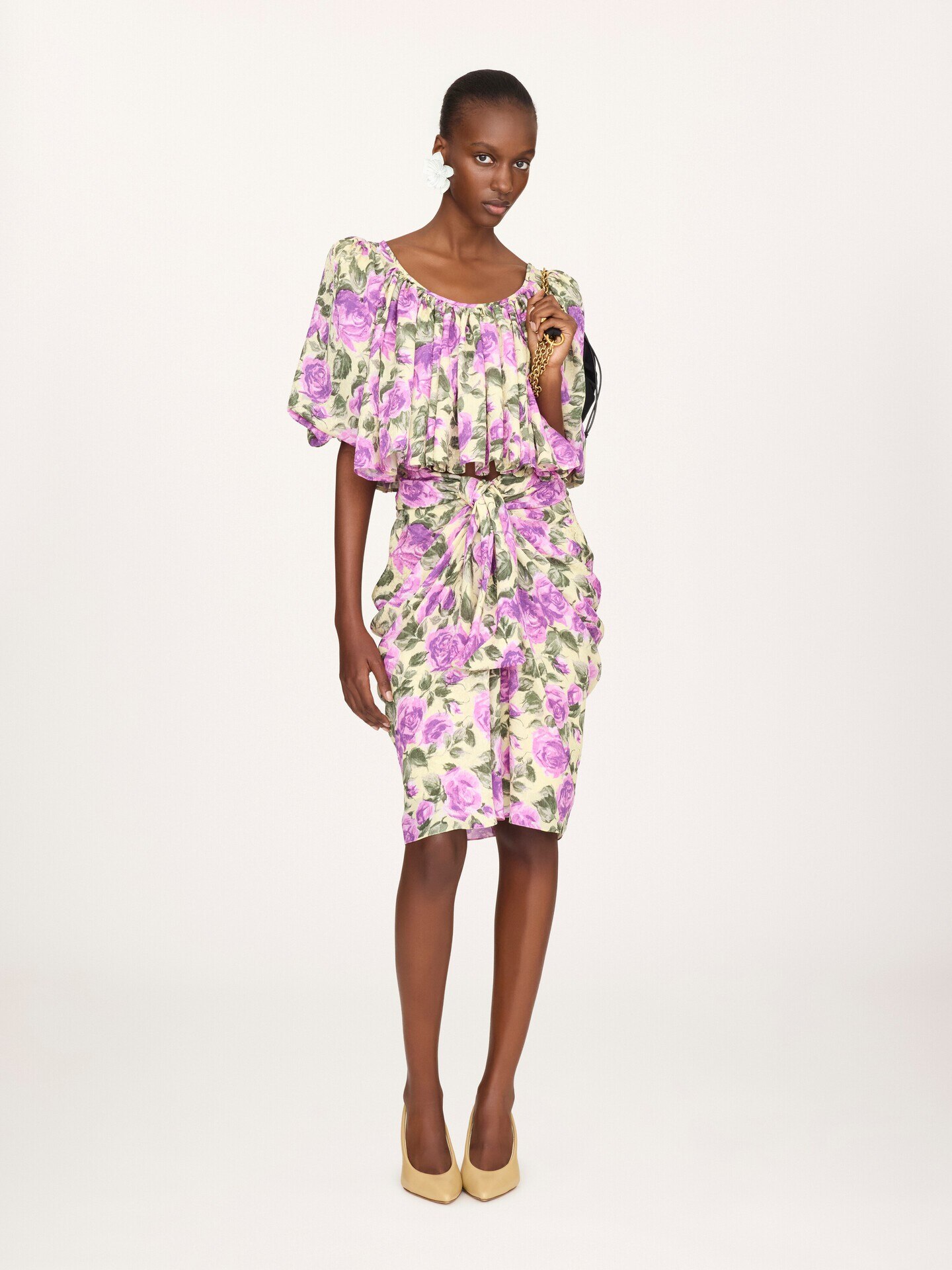 Top court manches bouffantes en soie jacquard - 3